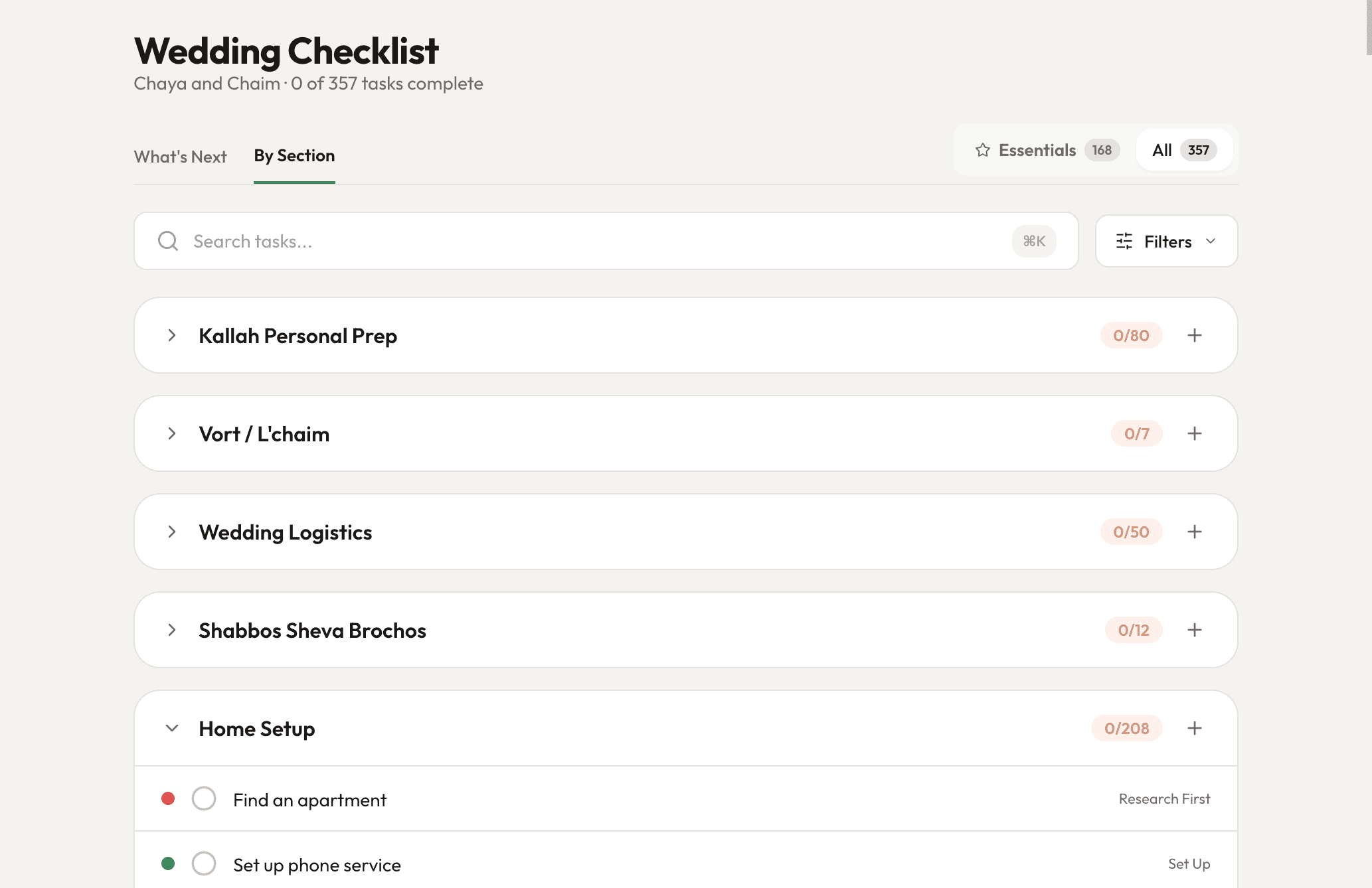 SimchaSet checklist organized by section — Kallah Prep, Vort, Wedding Logistics, Home Setup